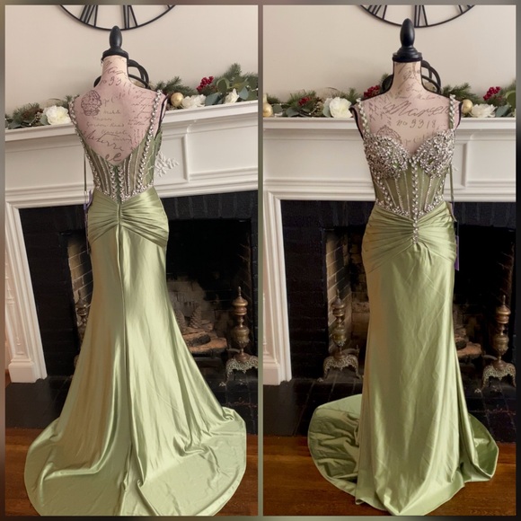 Tiana inspired sparkly crystal corset light green prom dress, formal dress  - threedaughtersproperties.com